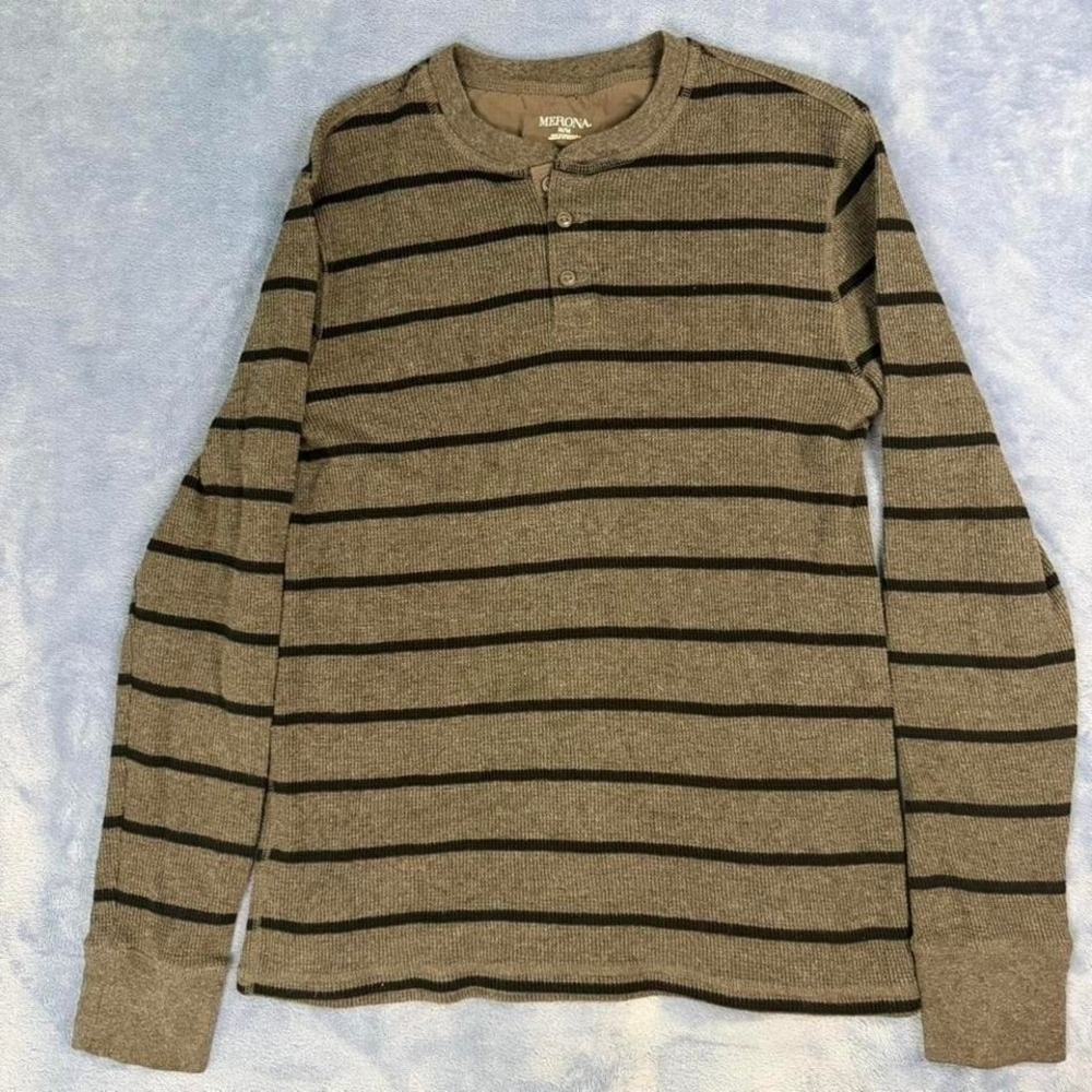Merona gray striped long sleeve‎ Henley shirt men size m
